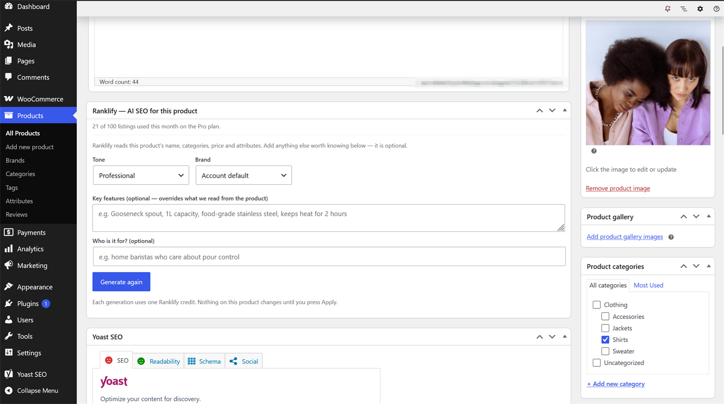 The Ranklify panel inside the WooCommerce product editor — tone and brand inputs, key features, and a Generate button.
