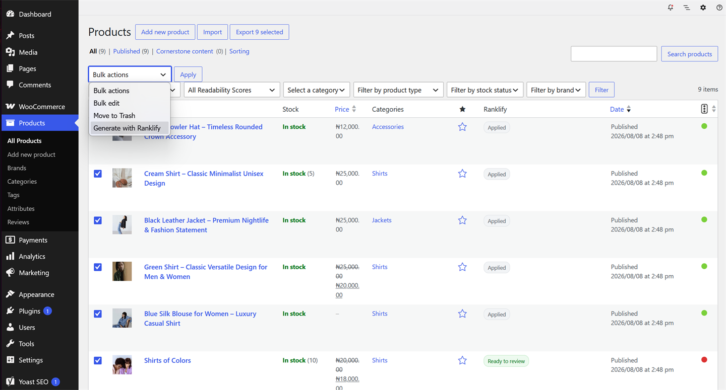 The WooCommerce Products list with a Generate with Ranklify bulk action and a Ranklify status column showing Applied and Ready to review.