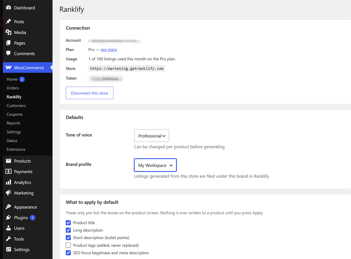 Ranklify plugin settings — connection status showing the linked account, plan, and monthly usage, plus default tone, brand, and apply-by-default options.