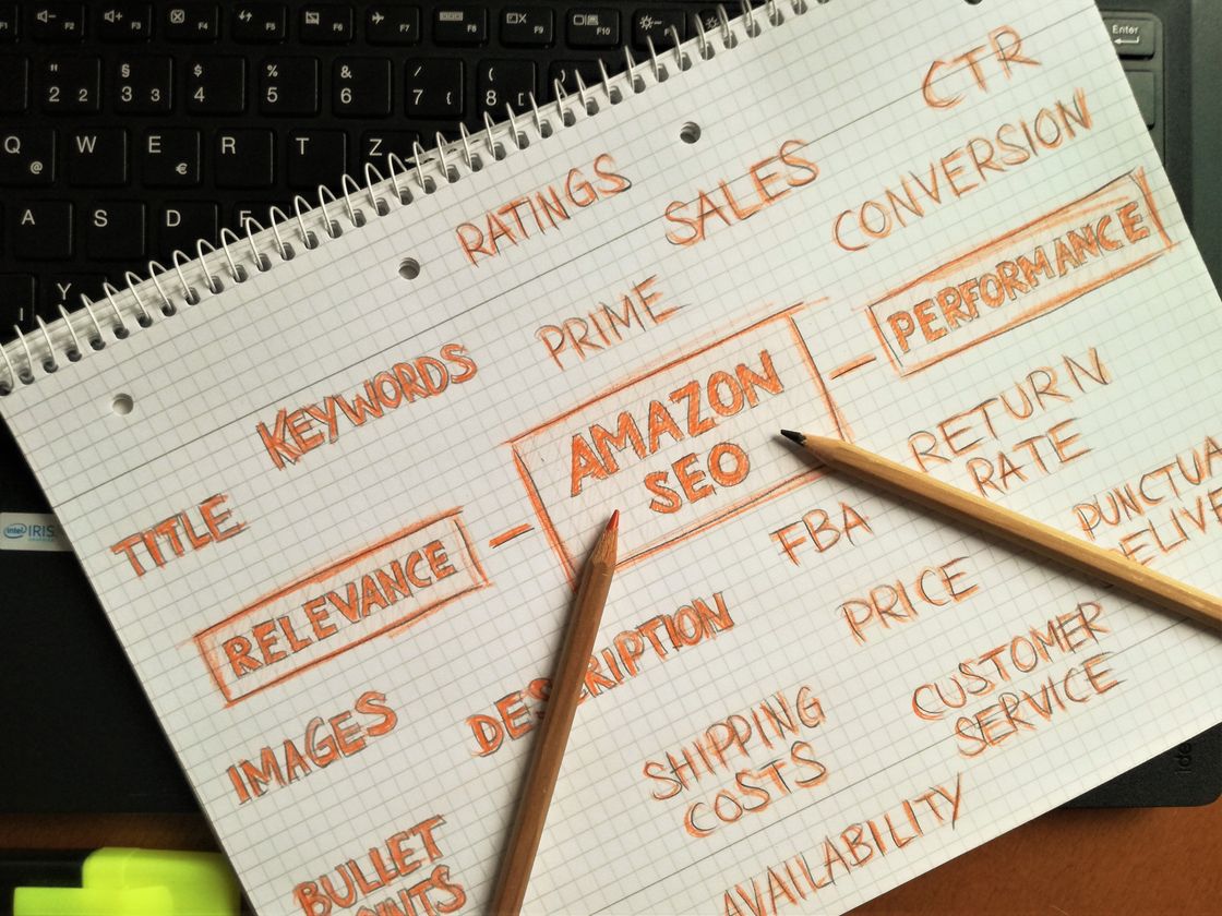 A handwritten Amazon SEO mind map listing keywords, title, and ranking factors beside a laptop.
