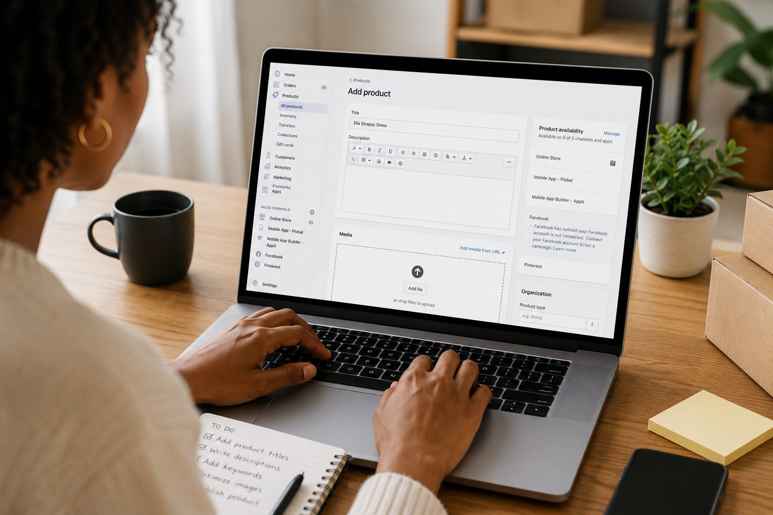 Editing a product's title in the Shopify admin, with a to-do list beside the laptop.