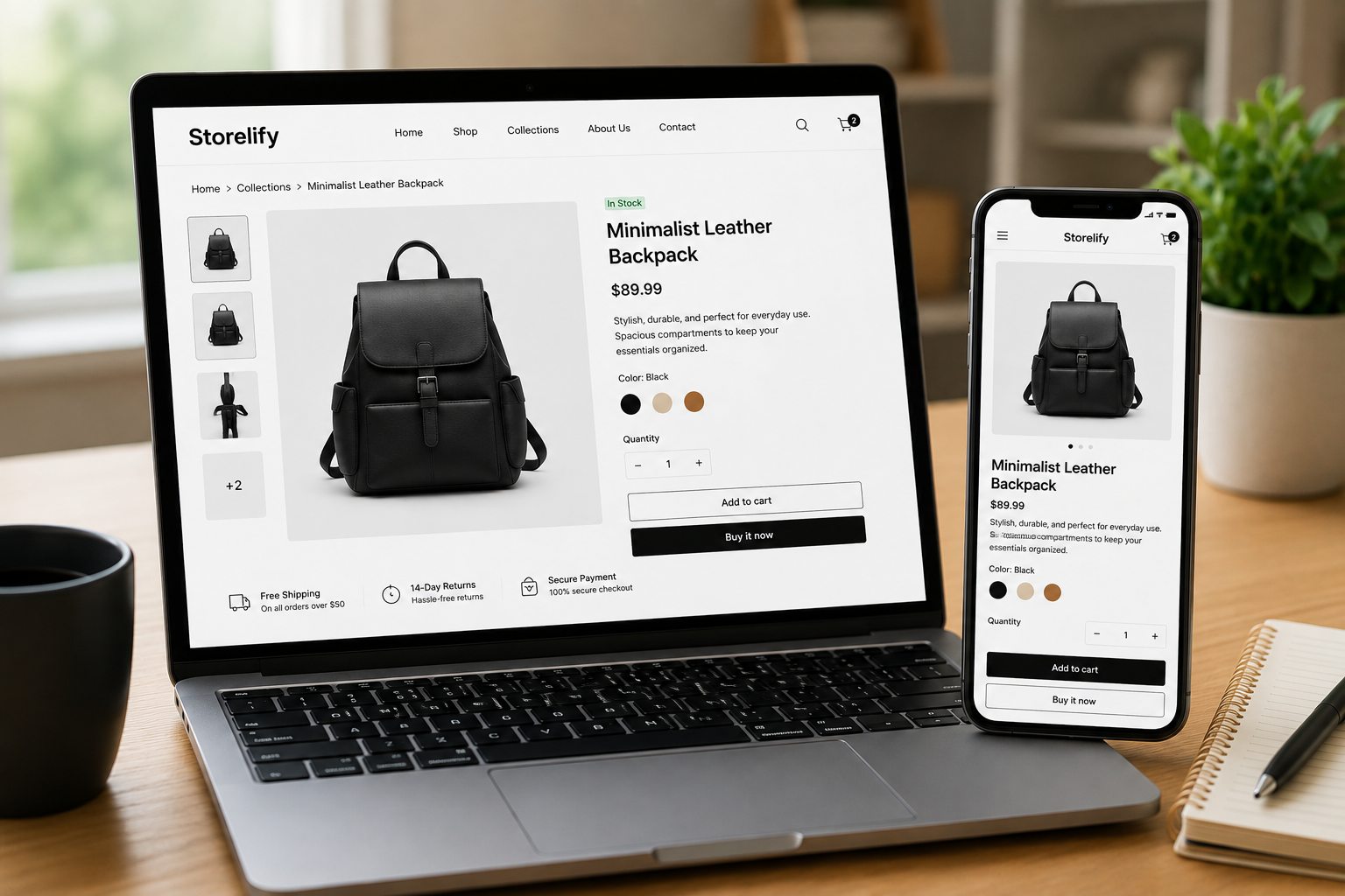An online store's product page for a leather backpack shown on a laptop and phone.
