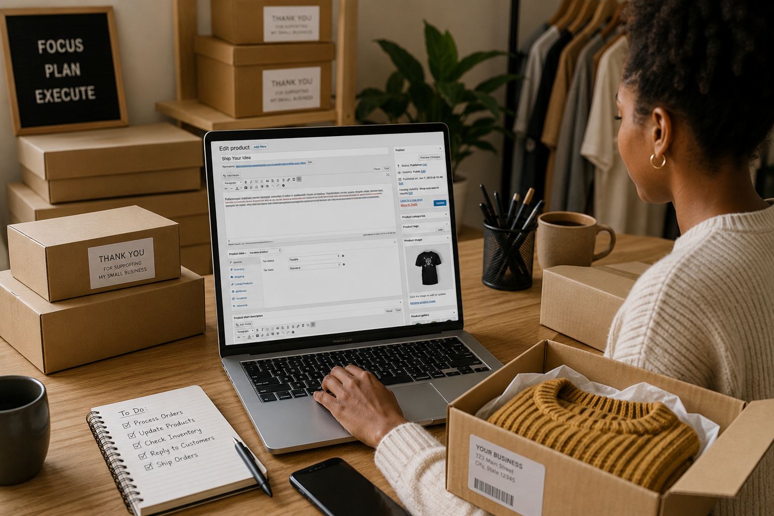 Editing a product in the WooCommerce dashboard while packing orders for a small shop.